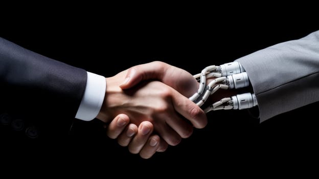 Robot cyborg shakes hands with male businessman with artificial intelligence, future technology. Internet and digital technologies. Global network. Integrating technology and human interaction. Chat bot. Digital technologies of the future