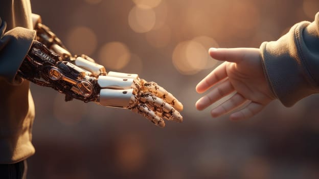 A boy confidentially touches the hand of a robot with artificial intelligence, future technologies. Internet and digital technologies. Global network. Integrating technology and human interaction. Digital technologies