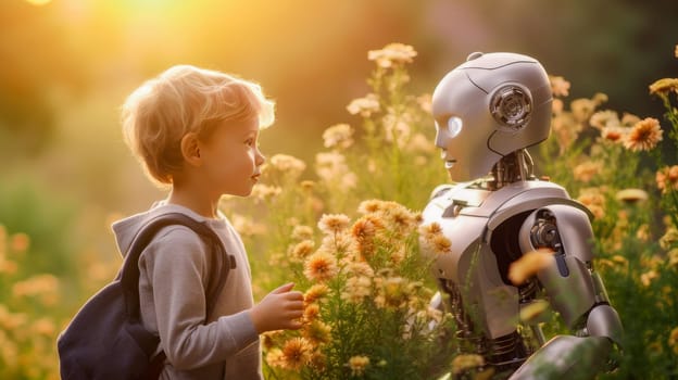 A robot plays with small rennet field blooming meadow flowers in the sun's rays artificial intelligence Conservation of the environment, global warming. Internet and digital technologies. Global network. Integrating technology and human interaction