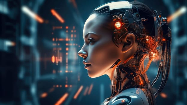 Robot cyborg woman girl person with artificial intelligence, future technology. Internet and digital technologies. Global network. Integrating technology and human interaction. Chat bot. Digital technologies of the future