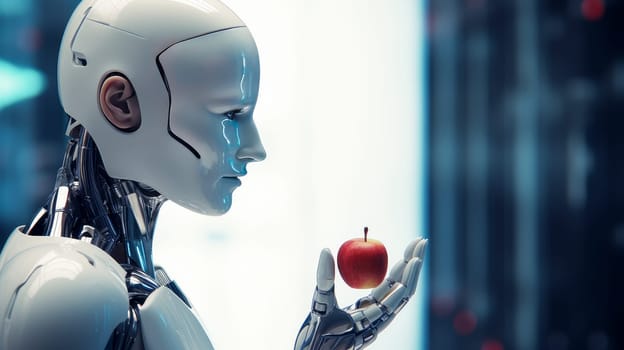 A white robot holds in his hand a red apple with artificial intelligence, future technologies. Internet and digital technologies. Global network. Integrating technology and human interaction. Digital technologies