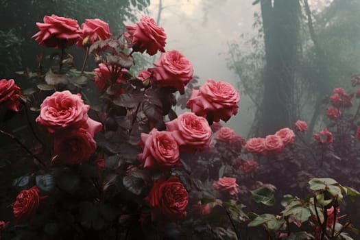 Vibrant Mysterious garden roses bushes. Dreamy fairy. Generate Ai