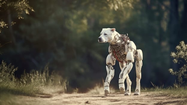 Cyborg dog robot walks on the street with artificial intelligence, future technologies. Internet and digital technologies. Global network. Integrating technology and human interaction. Digital technologies