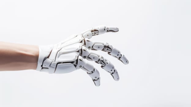 Cyborg robot hands on a white background with artificial intelligence, future technologies. Internet and digital technologies. Global network. Integrating technology and human interaction. Digital technologies