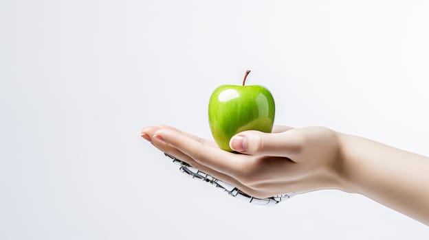 A green apple in the hand of a robot on a white background with artificial intelligence, future technologies. Internet and digital technologies. Global network. Integrating technology and human interaction. Digital technologies