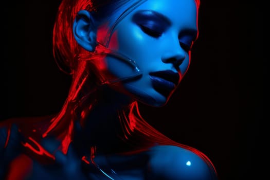 Bold Neon blue red woman. Party retro color pattern style. Generate AI