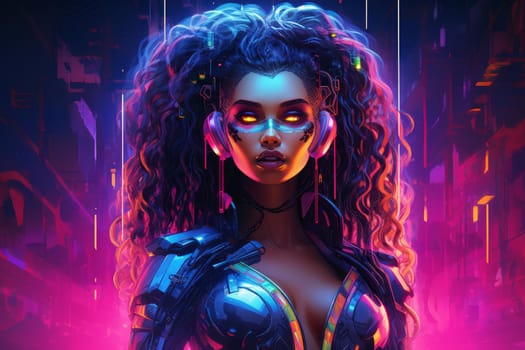 Radiant Neon cyberpunk woman. Digital gamer. Fictional person. Generate Ai