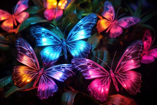 Hypnotic Neon glowing butterflies. Summer nature art. Generate Ai