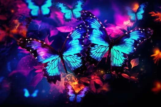 Luminescent Butterflies night flight. Glowing summer field. Generate Ai