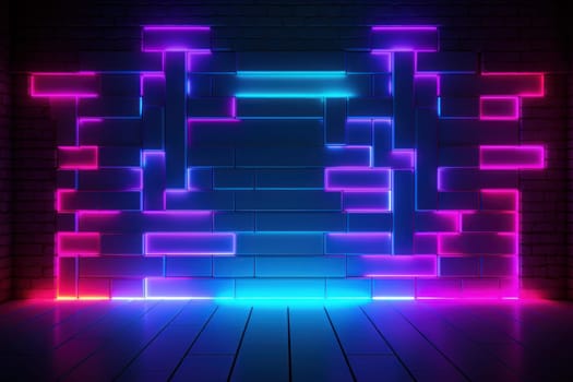 Unconventional Neon blue red brick wall big lights. Glowing night space interior electric. Generate AI