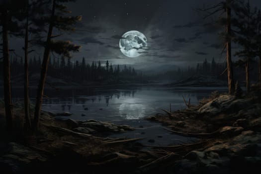 Mystical Night landscape lake. Scenery reflection. Generate Ai