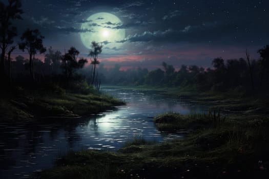 Moonlit Night landscape river. Evening coast. Generate Ai