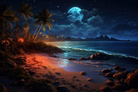 Serene Tropic night beach moon. Sand coast. Generate Ai