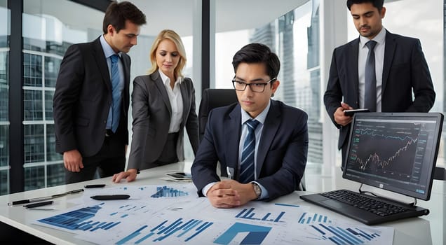 Group of young business people working and communicating together in office. A concept for work, money and employment with modern technology.