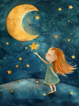 A young girl is painting a cartoon of a mythical creature reaching for a star in the night sky. This CG artwork combines art with the beauty of space