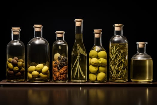 Transparent Olives oil bottles. Healthy food. Generate Ai