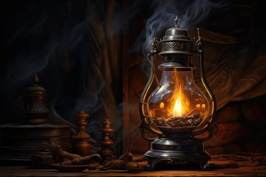 Rustic Oil lamp dark interior. Fire night nature light candlestick. Generate Ai