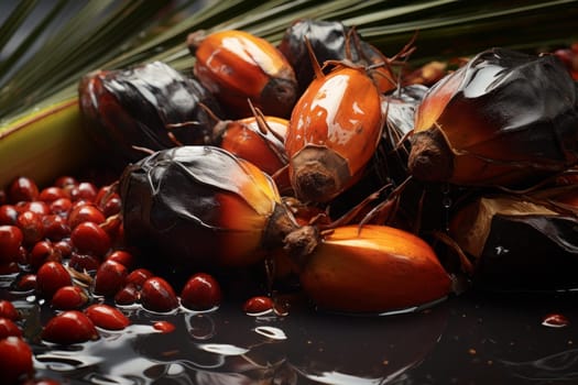 Shiny Oil palm seeds background fruits. Tropical group full green fresh. Generate Ai