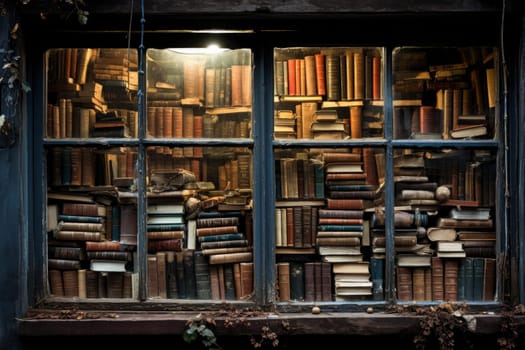 Dusty Old books stack on window. Ancient poetry. Generate Ai
