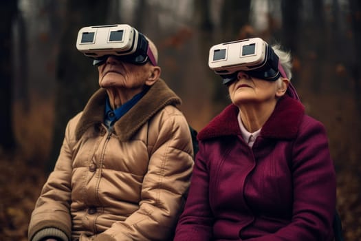 Fascinated Happy old couple vr glasses. Person lifestyle. Generate Ai