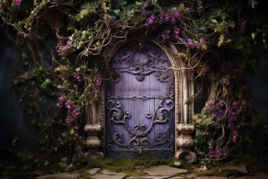 Tiny Purple fairy door flowers. Castle house. Generate Ai