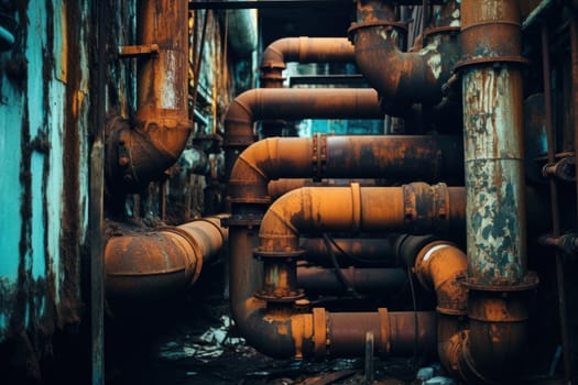 Weathered Stack of rusty orange pipes. Old rusted steel industrial pipelines covered with oxidized scab. Generate ai