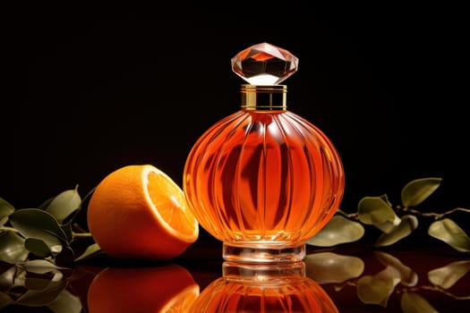 Glassy Orange perfume bottle. Floral product. Generate Ai