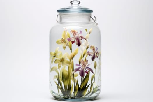 Vibrant Orchids glass jar. Indoor flower plant. Generate Ai