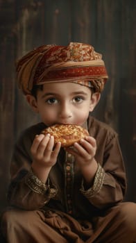 Portrait of muslim boy enjoying some food.