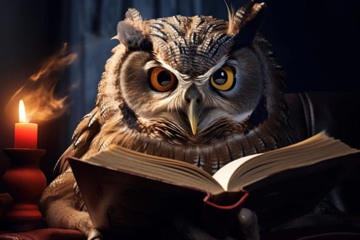 Studious Cute owl reading book sofa. Wise learn. Generate Ai