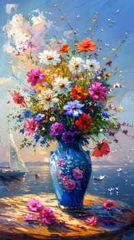 A beautiful painting depicting colorful flowers arranged in a blue vase on a table, showcasing the beauty of nature and creative arts