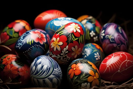 Colorful Painted eggs floral easter. Happy wood. Generate Ai