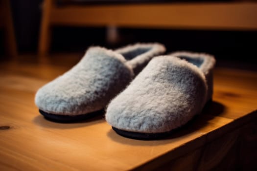 Soft Pair of grey slippers on floor. Cozy foot clean man texture. Generate Ai