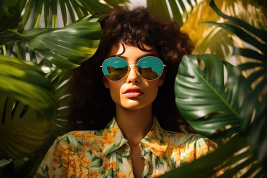 Relaxed Palm woman sunglasses summer. Shadow relax. Generate Ai