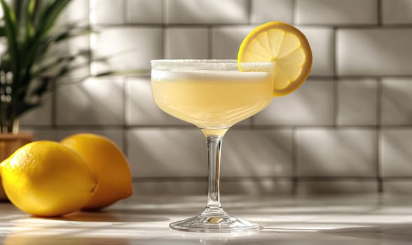 A light cocktail in a glass on a table on a blurred background. Selective soft focus.