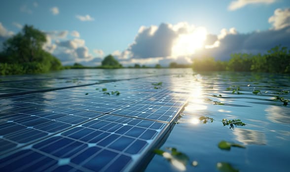 Floating solar panel system on a lake. Selective soft focus.