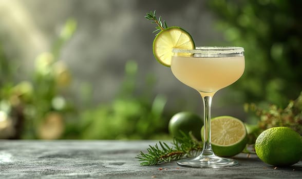 A light cocktail in a glass on a table on a blurred background. Selective soft focus.