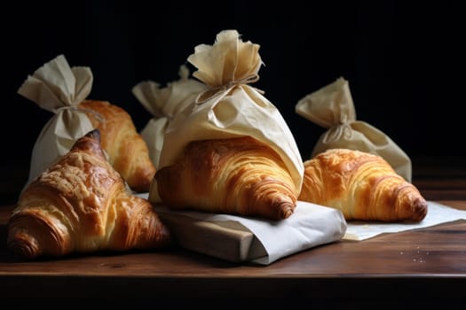 Golden-brown Hot paper bag croissant. Pastry craft food. Generate Ai