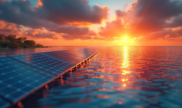 Floating solar panels on the lake at dawn. Selective soft focus.