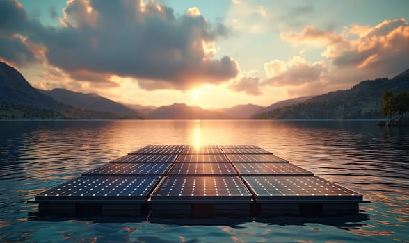 Floating solar panels on the lake at dawn. Selective soft focus.