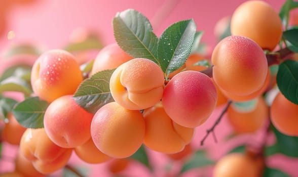 Ripe apricots with leaves on a pink background. Selective soft focus.