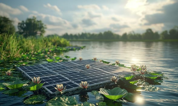 Floating solar panel system on a lake. Selective soft focus.