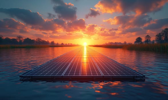 Floating solar panels on the lake at dawn. Selective soft focus.