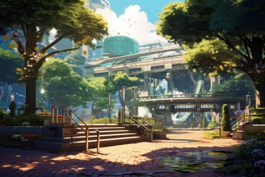 Interactive Park tree anime visual novel game. Outdoor travel. Generate Ai