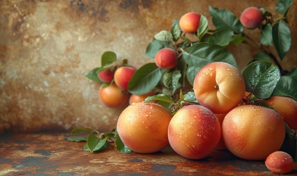 Branch with apricots on an abstract background. Selective soft focus.