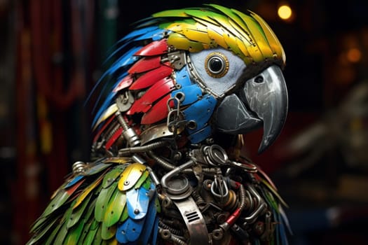 Gleaming Steelpunk metallic parrot. Art nature. Generate Ai