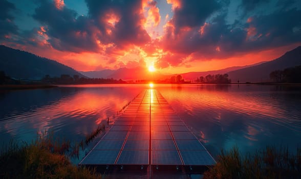 Floating solar panels on the lake at dawn. Selective soft focus.