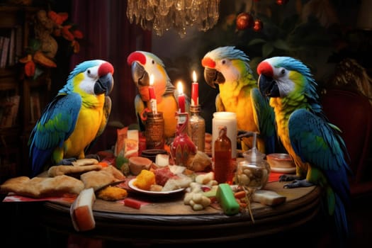 Noisy Parrots party funny. Nature green. Generate Ai