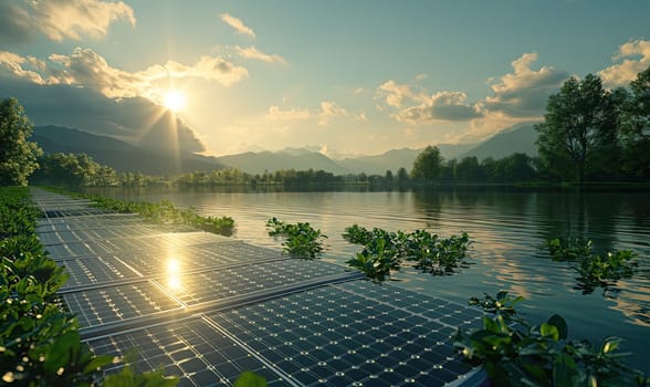 Floating solar panel system on a lake. Selective soft focus.