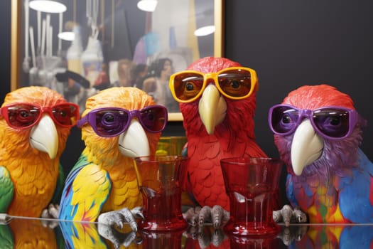 Whimsical Parrots party glasses. Carnival talk. Generate Ai